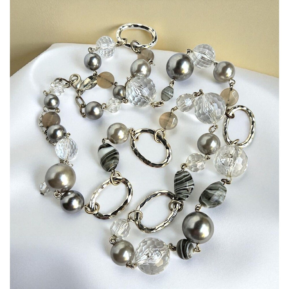 WHBM Art Glass Gray Faux Pearl Crystal Beaded Long Silver Tone Necklace 36"-40"